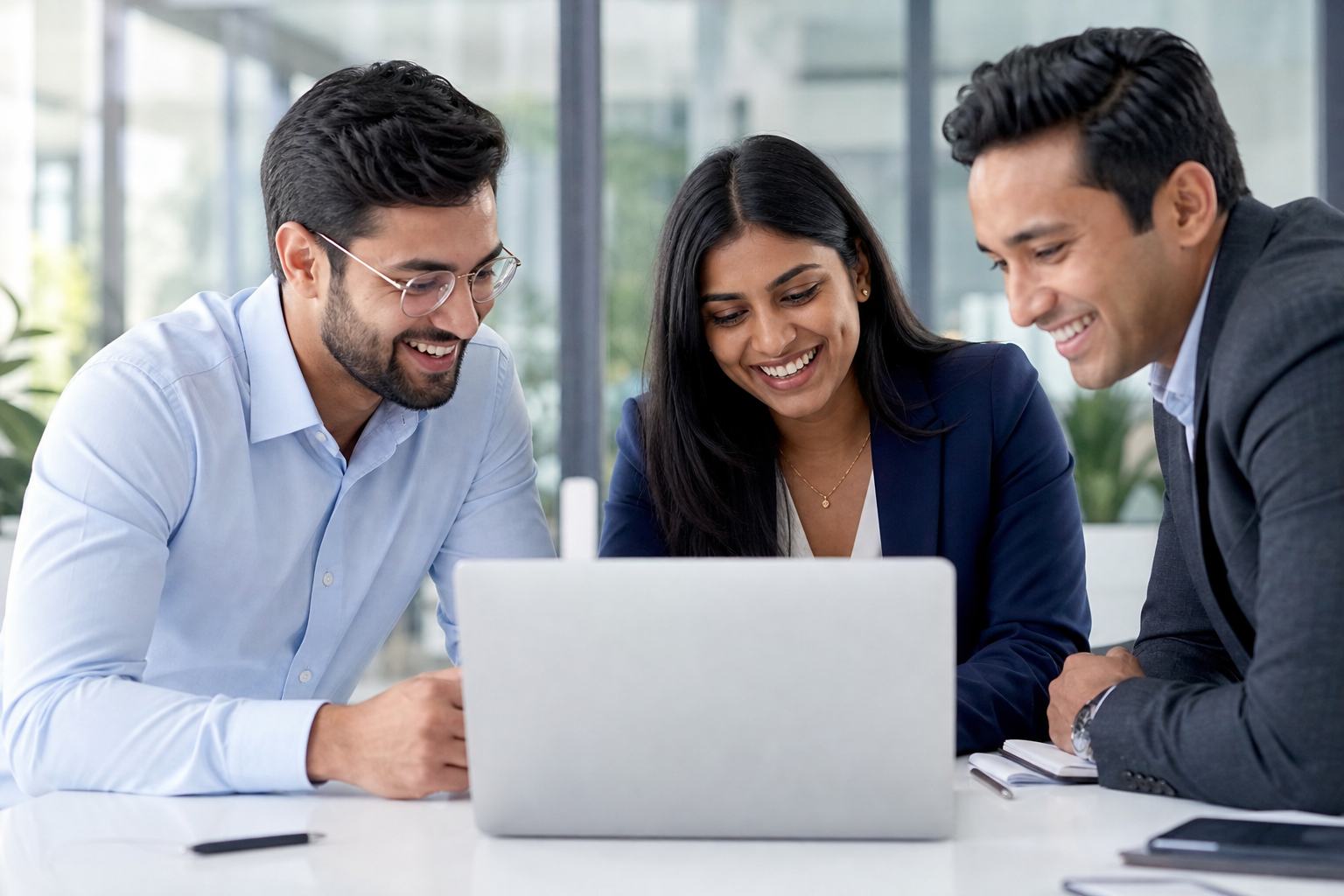 Three professionals collaborating around a laptop in a modern office
